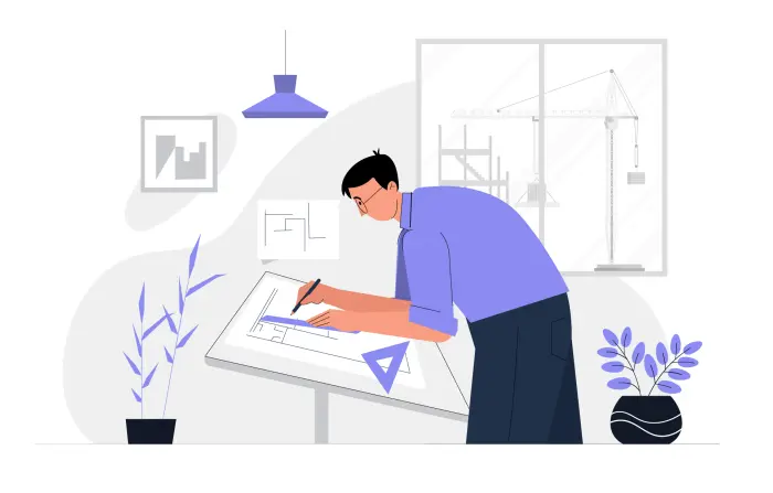 Male Engineer Working on a Plan in the Office 2D Character Illustration